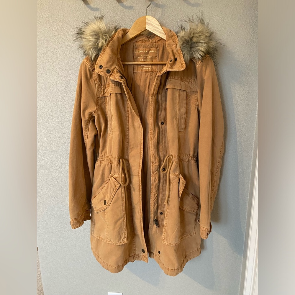 American Eagle Outfitters Tan Parka Jacket with Faux Fur Hood